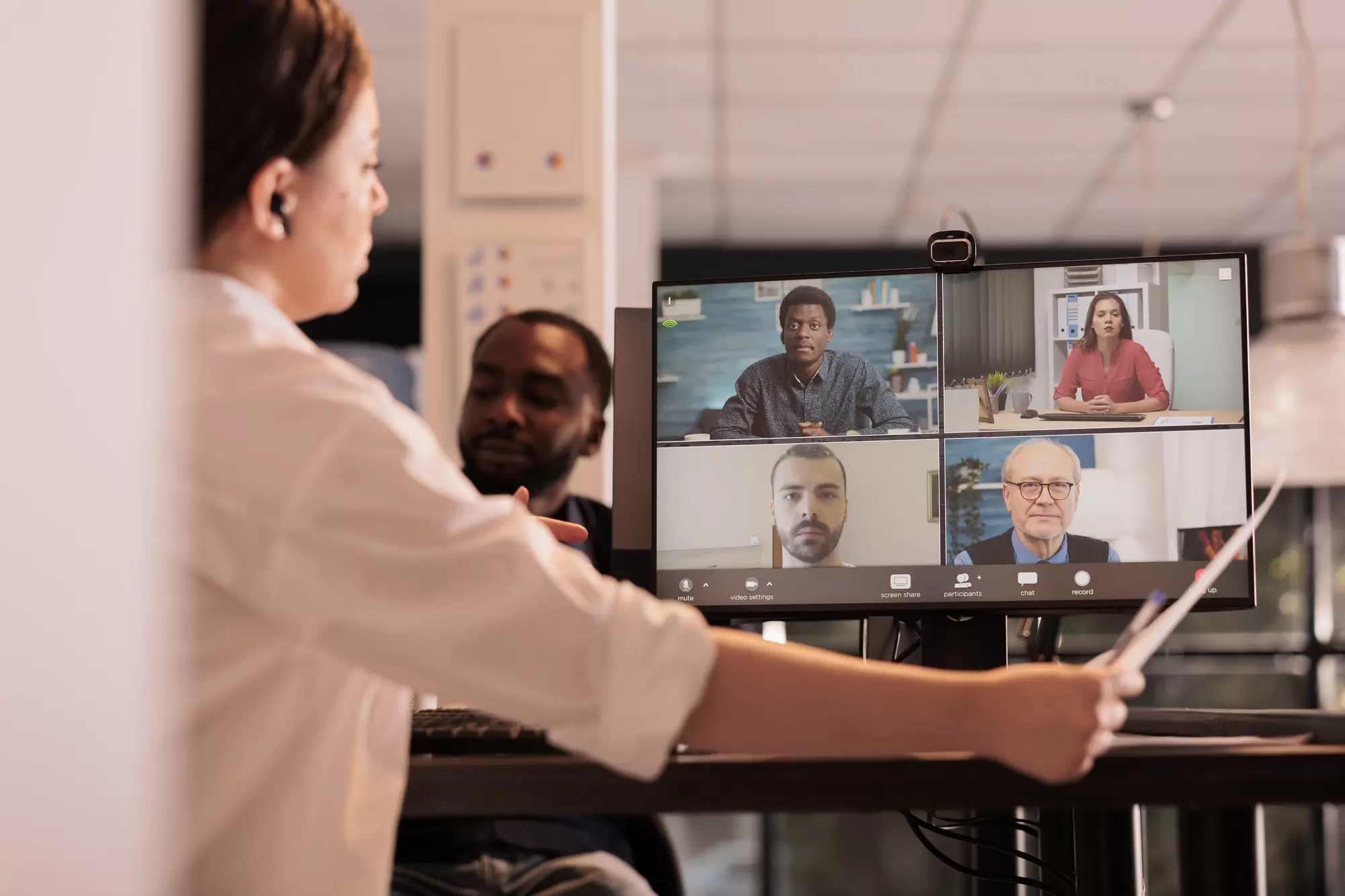Corporate team online briefing, report presentation discussion on videocall
