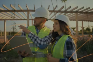 Dois profissionais da construção civil, usando capacetes e coletes refletivos, analisam um projeto em um notebook em meio a uma obra ao ar livre. A imagem ilustra a aplicação prática de anúncios digitais na construção civil, destacando como a tecnologia e o marketing estão cada vez mais presentes nas decisões estratégicas do setor.